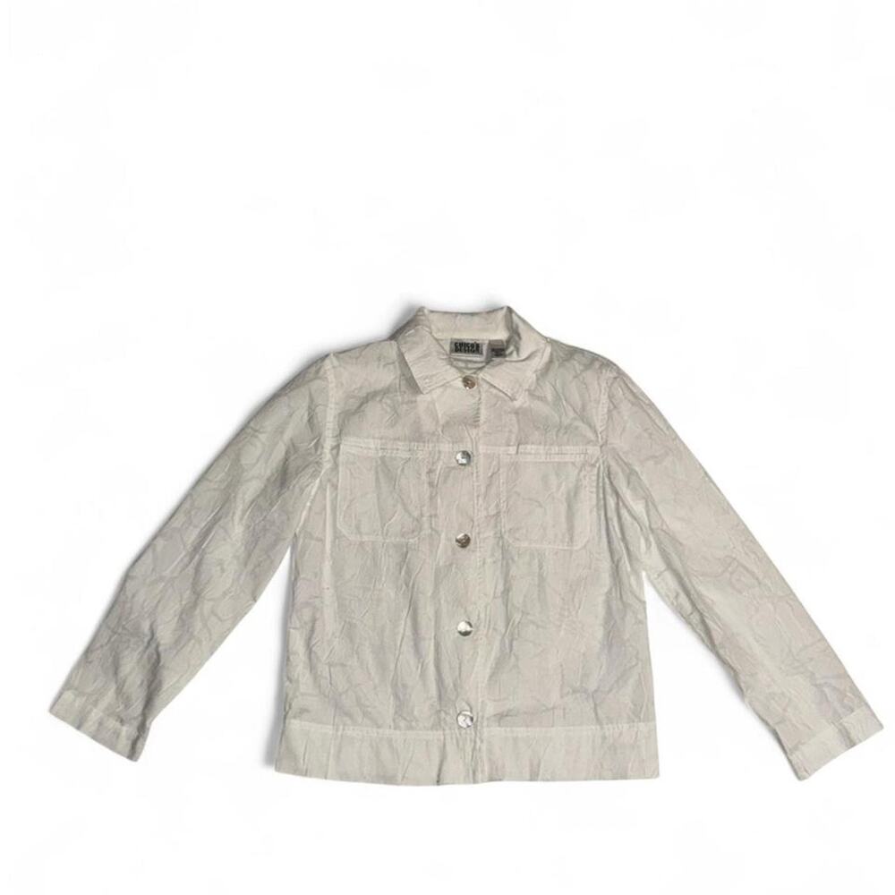 Vintage Chico's Design White Crinkle Plisse Button Down Jacket Size 0 S/M